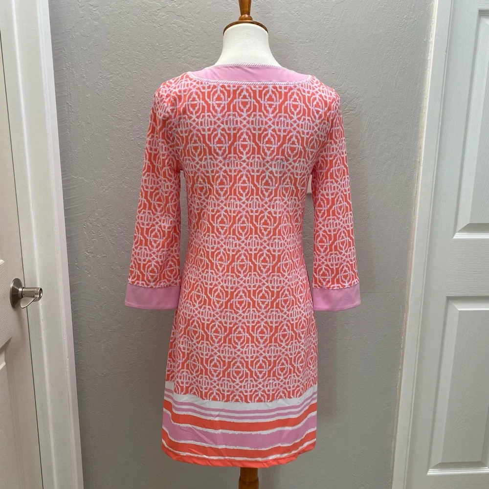 Cabana Life/Talbots Embroidered Tunic Dress Contrast Neckline Coral Lattice S - Picture 3 of 14
